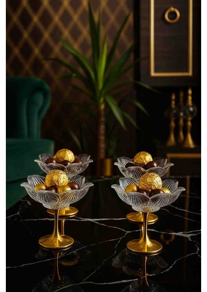 Gold Ayaklı Cam Lotus Çiçeği Sunumluk – 6 Lı Şekerlik Lokumluk Kahve Yanı Ikramlık modelleri