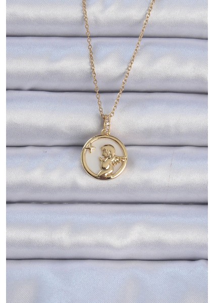 316L Çelik Zincir Altın Renk Zirkon Taşlı Mineli Melek Kolye