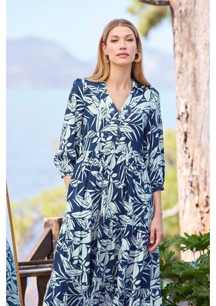 Monamise Yaprak Desenli Önü Düğmeli Truvakar Kollu Elbise fiyatları