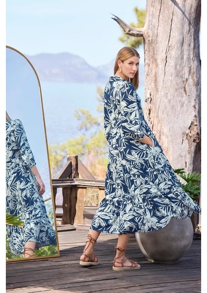 Monamise Yaprak Desenli Önü Düğmeli Truvakar Kollu Elbise indirimleri