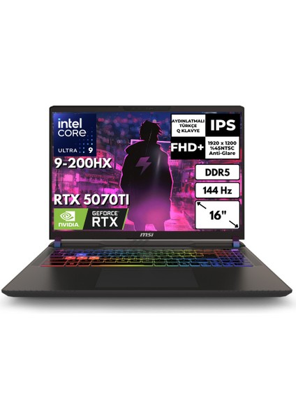 Msı Vector 16 Hx Aı Ultra 9 255HX 32 GB 512 GB SSD 12GB RTX5070TI 16" 144Hz Wuxga Freedos Gaming Laptop A2XWHG-091XTRAT7