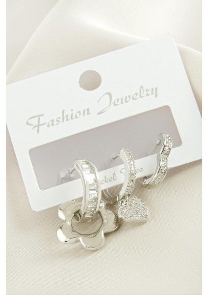 Wizard 3 Adet Çiçek Zirkon Taşlı Küpe-Gümüş Rengi fiyatları