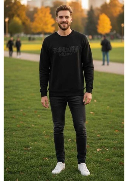 Cora Bisiklet Yaka Erkek Sweatshirt Siyah