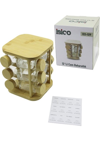 12PCS Kare Döner Standlı Cam - Bambu Kapak Tuzluk - Baharatlık Bambu Stand (5131)
