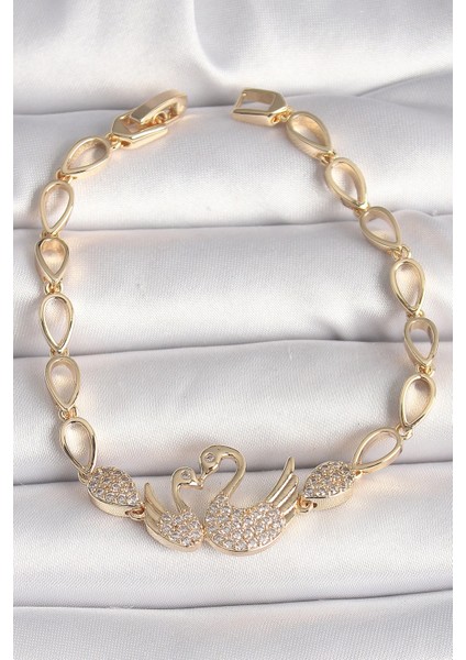 Pirinç Gold Renk Zirkon Taşlı Kuğu Figür Damla Zincir Model Kadın Bileklik