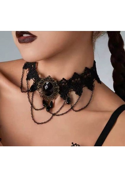 Vintage Retro Siyah Dantel Gotik Choker Kolye