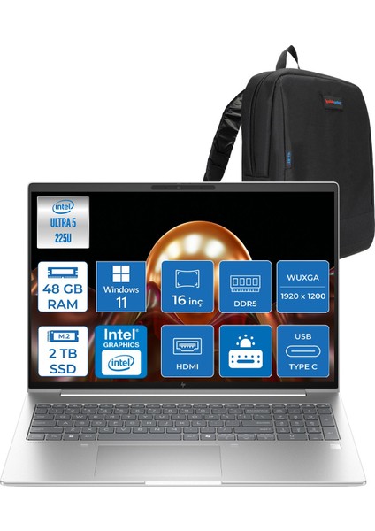 Elitebook 6 G1I Intel® Core Ultra 5 225U 48GB Ddr5 2tb SSD 16" Wuxga (1920X1200) IPS 300NIT WIN11HOME Taşınabilir Bilgisayar AD4G3ETH14+ZETTAÇANTA