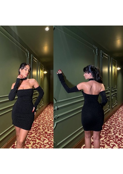 Kadın Madonna Yaka Simli Flower Kumaş Mini Elbise