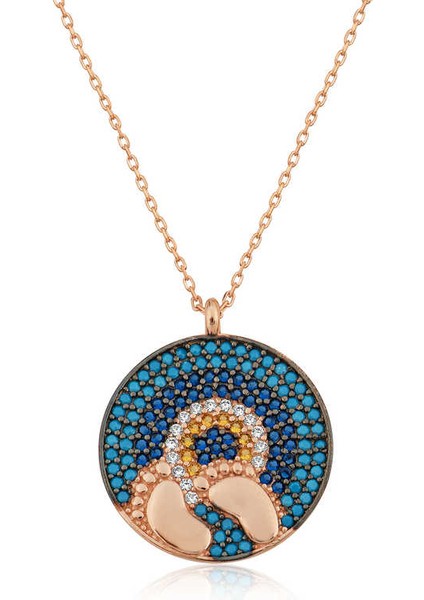 925 Ayar Gümüş Rose Nazarlı Bebek Ayak Izi Kolye