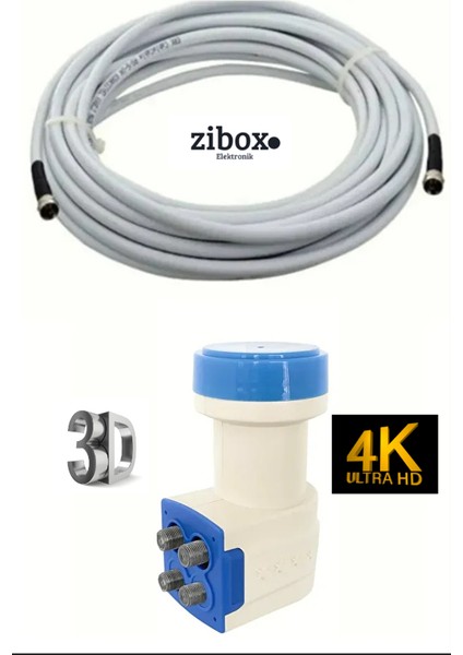 10 metre Uydu Kablosu + Dörtlü Çıkış Çanak Uydu 4K Full Hd Lnb (4 Adet F Connektör Hediyeli)
