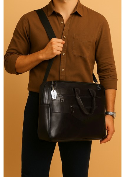Hakiki Deri Siyah Laptop Evrak Çantası Ayarlanabilir Omuz Askılı