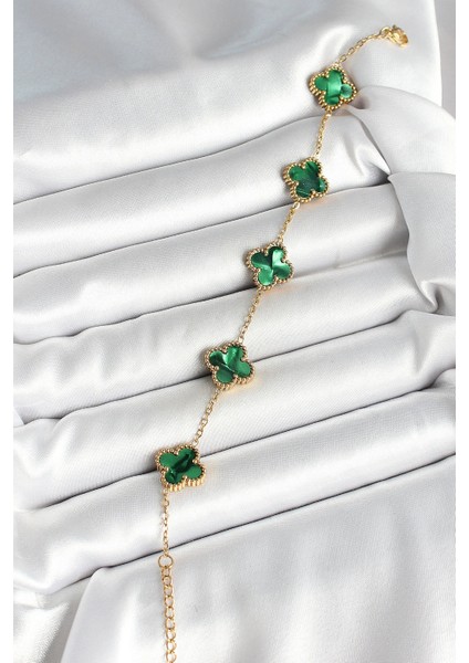 316L Çelik Sedefli Zümrüt Yeşil Gold Renk Yonca Kadın Bileklik fiyatları