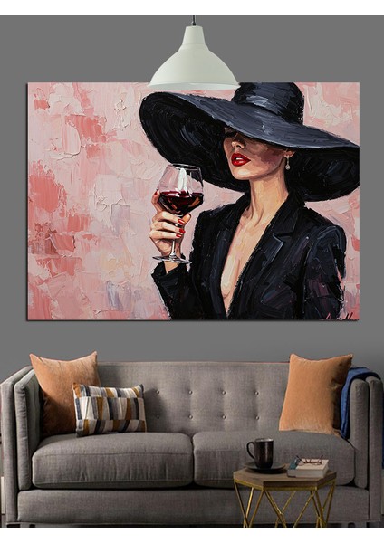 Şapkalı Kadın ve Şarap (Artizanal) Dekoratif Kanvas - Mdf Ahşap Tablo