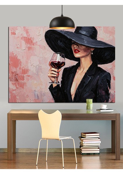 Şapkalı Kadın ve Şarap (Artizanal) Dekoratif Kanvas - Mdf Ahşap Tablo fiyatları