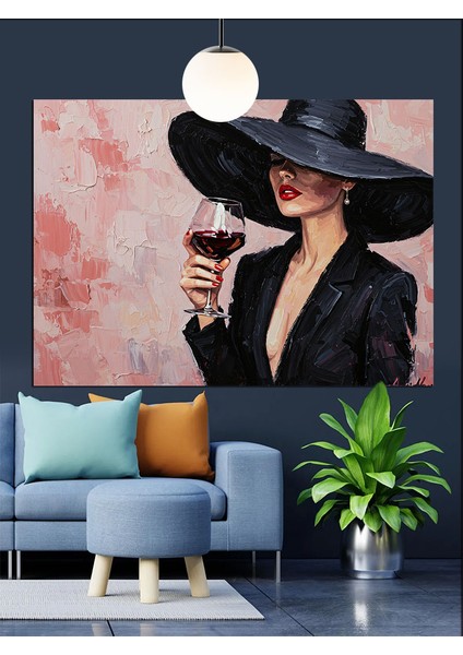 Şapkalı Kadın ve Şarap (Artizanal) Dekoratif Kanvas - Mdf Ahşap Tablo modelleri