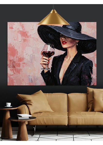 Şapkalı Kadın ve Şarap (Artizanal) Dekoratif Kanvas - Mdf Ahşap Tablo fırsatları