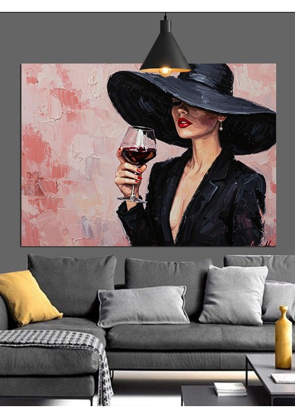 Şapkalı Kadın ve Şarap (Artizanal) Dekoratif Kanvas - Mdf Ahşap Tablo indirimleri
