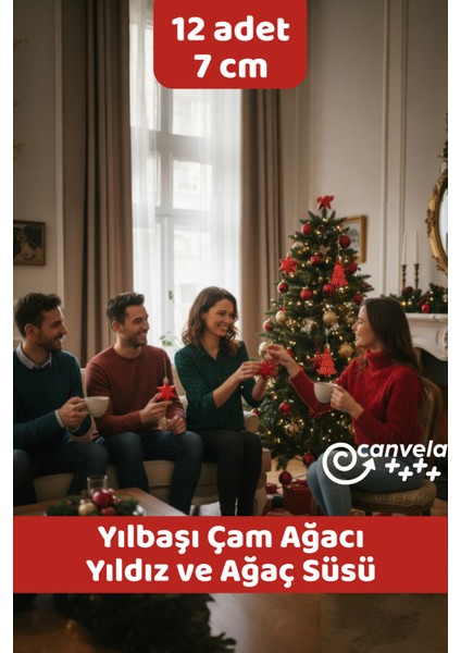 12'li Yılbaşı Çam Ağacı Süsleri Yıldız ve Ağaç Yılbaşı Süsü 7 cm