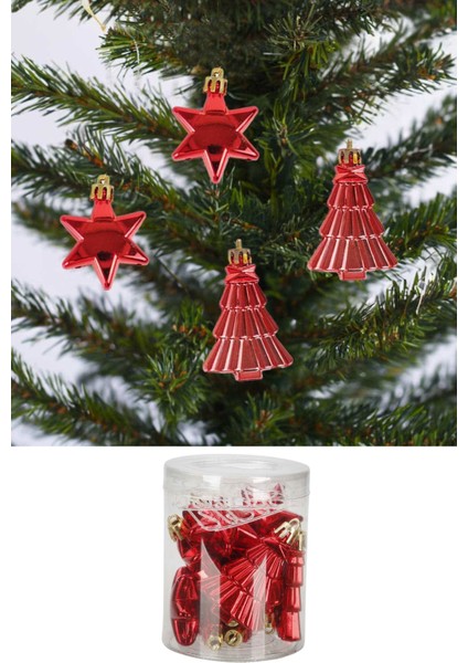 12'li Yılbaşı Çam Ağacı Süsleri Yıldız ve Ağaç Yılbaşı Süsü 7 cm modelleri