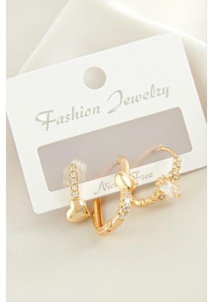 Wizard 3 Adet Kalp Zirkon Taşlı Küpe-Sarı