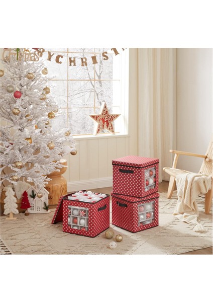 Saklama Kutuları, 3'lü Set, Katlanır Kutular, Kutu Başına 64 Küçük Bölme, Esnek Ayırma Duvarları, 30,5 x 30,5 x 30,5 Cm, Kırmızı, Kar Tanesi Desenli fırsatları
