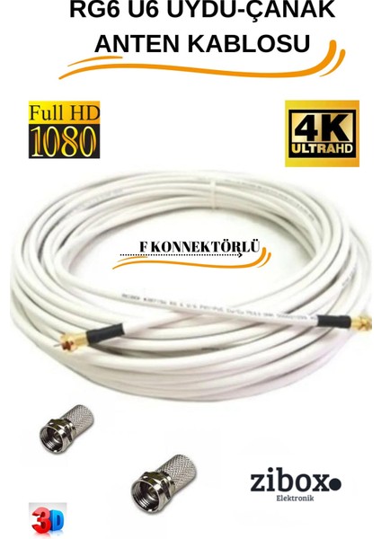 10 metre F Konnektörlü 64 Tel Rg6/u6 Full Hd 3D 4K Anten Tv Çanak Uydu Anten Lnb Kablosu