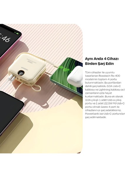 RS-400 10.000MAH Ultra Slim 22.5W Pd Dijital Ekranlı Dahili Çift Kablolu Powerbank