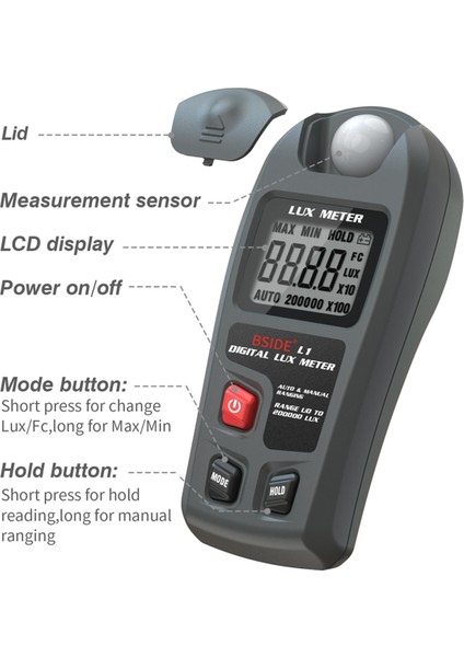 Bside L1 Lux Metre Dijital Illuminometre 0-200.000 LCD Cep Işık Ölümü Lux/fc Tedbir Test Cihazı Sensörü Fotometre Luxmeter (Yurt Dışından) fiyatları