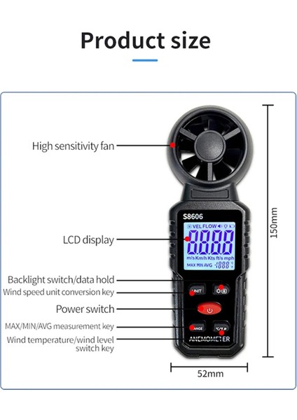 S8606 Anemometre Rüzgar Ölçer Test Cihazı Hava Kapalı Dış Mekan Dış Mekan Rüzgar Hızı Sıcaklığı Hacmi Yüksek Hassasiyet (Yurt Dışından)