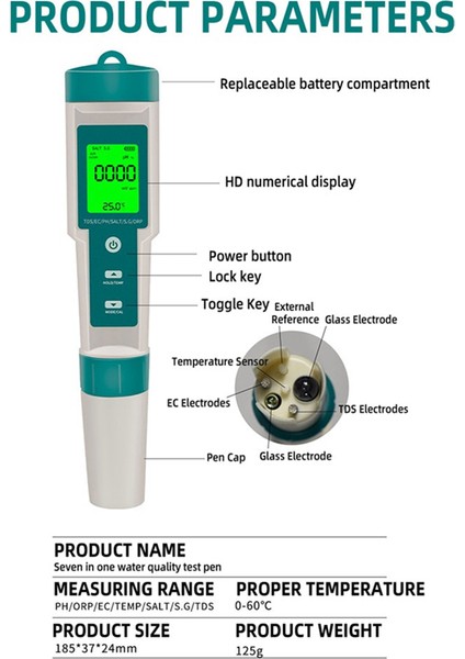 7 In1 Su Kalitesi Test Cihazı Ph/orp/ec/semp/taz/s.g/tds LCD Arka Işık Test Kalemi Çok Fonksiyonlu Analiz Enstrümanı (Yurt Dışından) modelleri