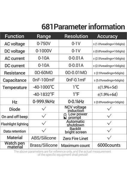 Aneng 681 Şarj Edilebilir Dijital Multimetre Tasarım Olmayan Voltaj Test Cihazı Ac/dc Voltaj Ölçer LCD Ekran Akım Test Cihazı Siyah (Yurt Dışından) modelleri