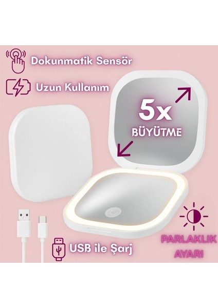Işıklı Büyüteçli Cep Aynası, Makyaj USB Şarjlı Katlanır Dokunmatik LED Seyahat El Makyaj Aynası
