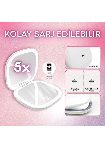Işıklı Büyüteçli Cep Aynası, Makyaj USB Şarjlı Katlanır Dokunmatik LED Seyahat El Makyaj Aynası indirimleri