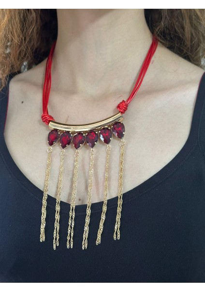 Kristal Taşlı Zincir Püsküllü Kadın Kolye