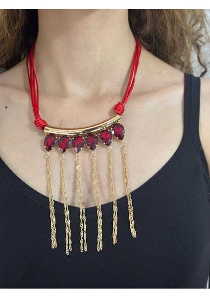 Kristal Taşlı Zincir Püsküllü Kadın Kolye modelleri