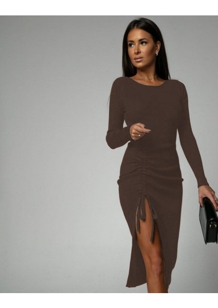 Kadın Uzun Kollu Yandan Büzgülü Yırtmaç Detay Kaşkorse Midi Boy Elbise fiyatları