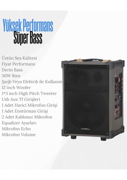 HP-977 Taşınabilir Parti Hoparlörü | 50W Bluetooth Hoparlör | 12” Bass | 2 Kablosuz Mikrofon fiyatları
