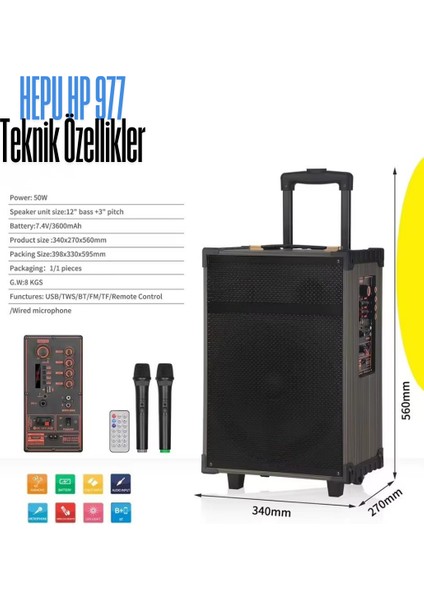 HP-977 Taşınabilir Parti Hoparlörü | 50W Bluetooth Hoparlör | 12” Bass | 2 Kablosuz Mikrofon modelleri