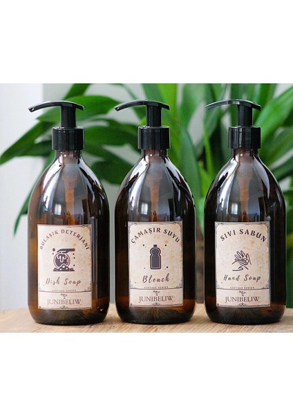 3lü Set Vintage Boş Kahverengi Cam Şişe Sıvı Sabunluk Bulaşık Deterjanlık Çamaşır Suyu 3X500ML