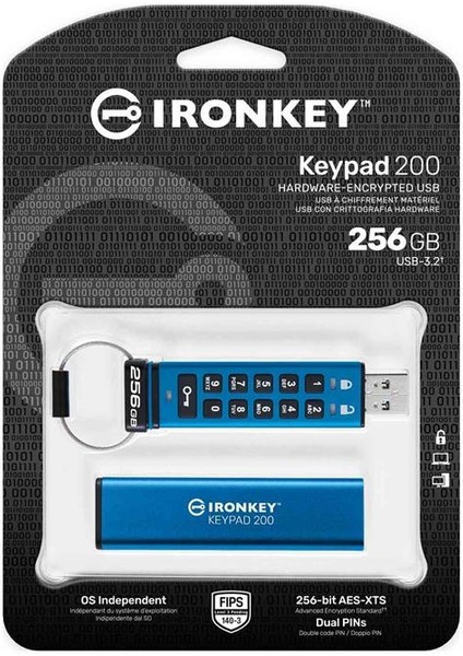 Kingston IKKP200-256GB 256GB Ironkey Keypad 200, Fıps 140-3 Lvl 3 (Pending) Flash Bellek