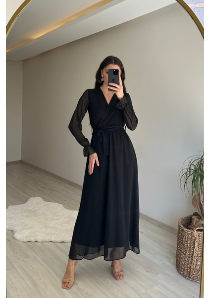 Kadın Uzun Kollu Kuşaklı Maxi Şifon Elbise NM001