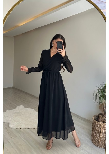 Kadın Uzun Kollu Kuşaklı Maxi Şifon Elbise NM001 fiyatları