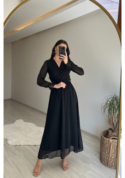 Kadın Uzun Kollu Kuşaklı Maxi Şifon Elbise NM001 modelleri