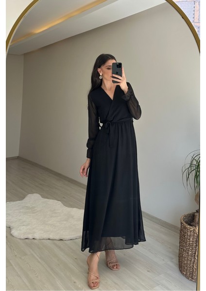 Kadın Uzun Kollu Kuşaklı Maxi Şifon Elbise NM001 fırsatları