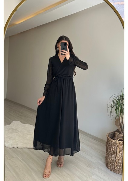 Kadın Uzun Kollu Kuşaklı Maxi Şifon Elbise NM001 indirimleri
