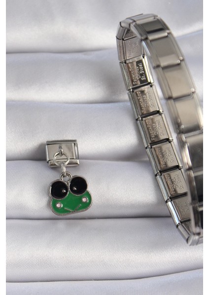 316L Çelik Gümüş Renk Sallantılı Yeşil Kurbağa Figür Nomination Charm fiyatları