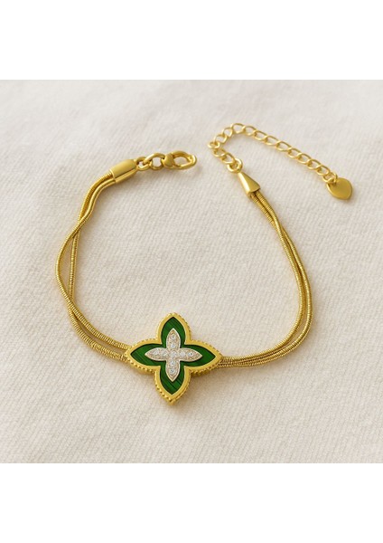 Yeşil Yonca Şans Bileklik Çift Çelik Zincir Gold