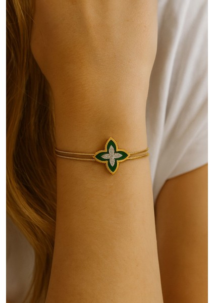 Yeşil Yonca Şans Bileklik Çift Çelik Zincir Gold fiyatları