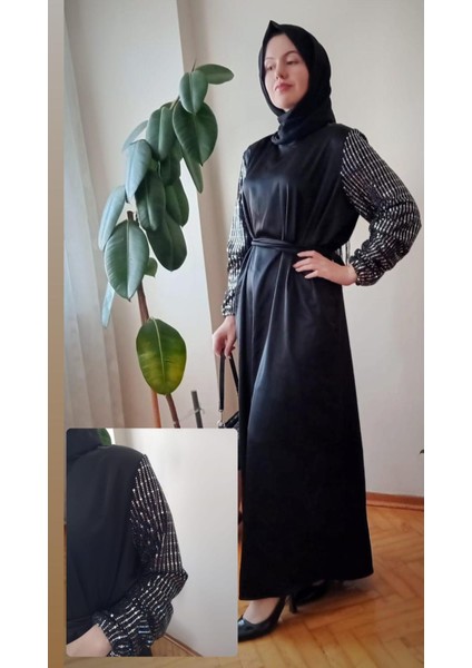 Kolları Payetli Şık Abaya Elbise Elbise Standart Beden 38-46 Uyumludur Kumaşı Saten Renk Siyah H