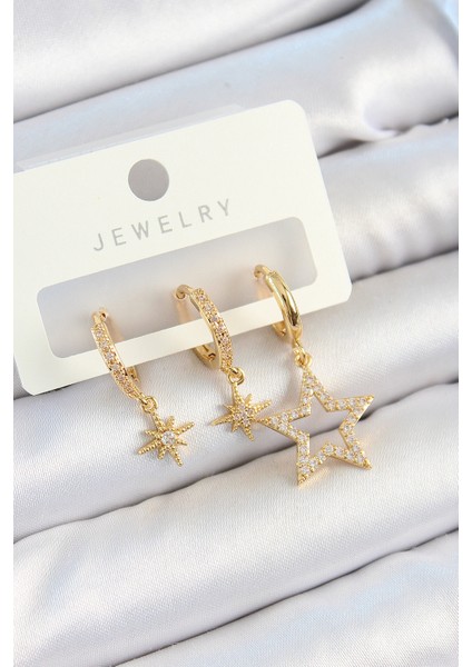 Pirinç Zirkon Taşlı Yıldız Model Gold Renk 3 Lü Çift Kadın Küpe Set